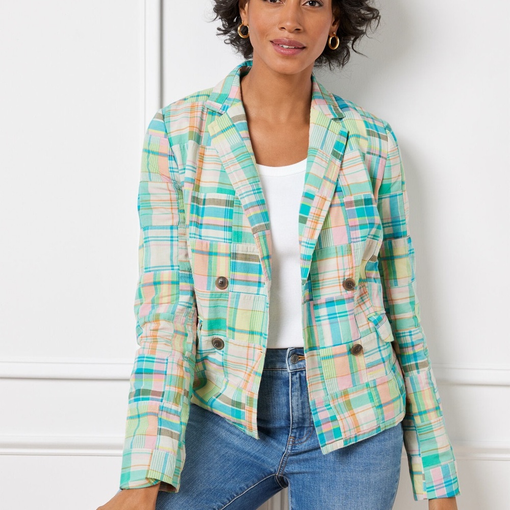 Talbots Madras Patchwork Double Breasted Blazer Sz 10